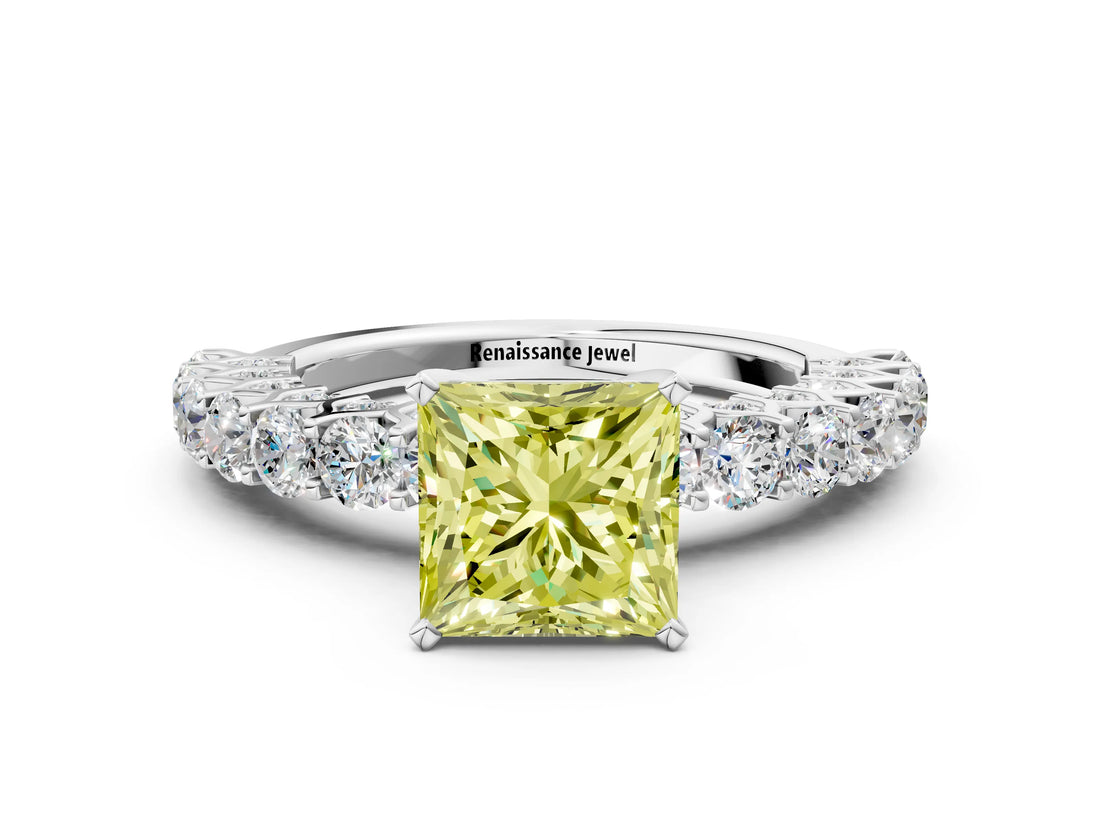 White gold Fancy Yellow Princess Cut Diamond Solitaire Ring with Shared Prong Pavé Band and Four-Prong Setting_46