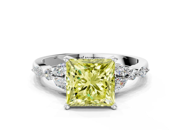 Platinum Fancy Yellow Princess Cut Diamond Solitaire Ring with Side Stones and Four-Prong Setting