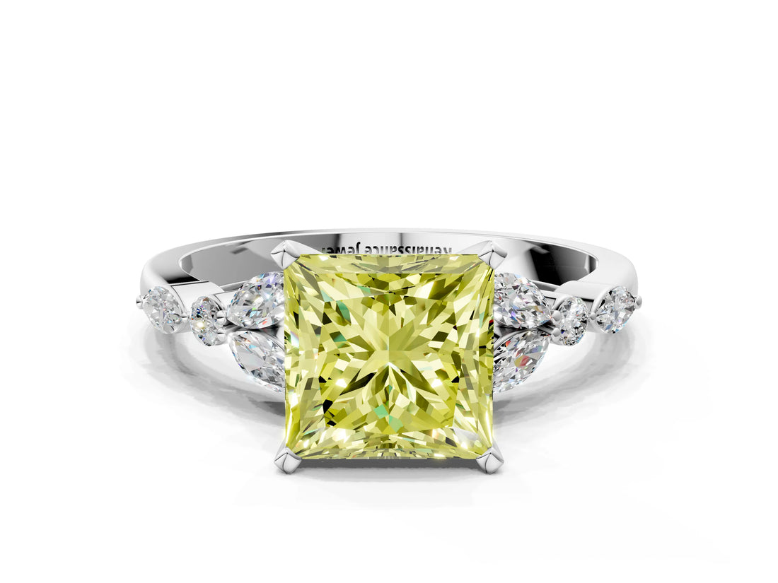 White gold Fancy Yellow Princess Cut Diamond Solitaire Ring with Side Stones and Four-Prong Setting_41