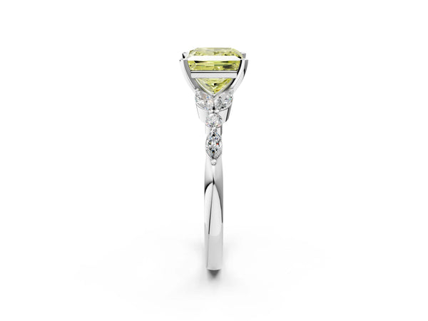 Platinum Fancy Yellow Princess Cut Diamond Solitaire Ring with Side Stones and Four-Prong Setting
