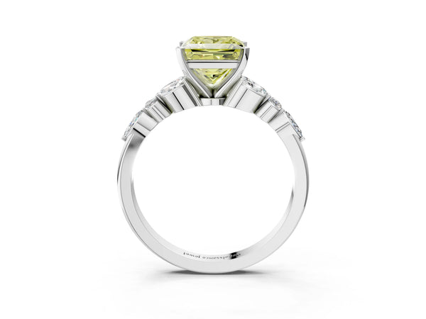Platinum Fancy Yellow Princess Cut Diamond Solitaire Ring with Side Stones and Four-Prong Setting