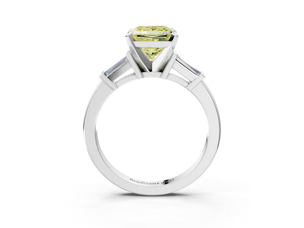 Platinum Fancy Yellow Princess  Cut Diamond Solitaire Ring with Tapered Baguette Accents and Four-Prong Setting