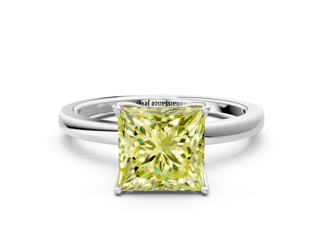 White gold Fancy Yellow Princess Cut Diamond Solitaire Ring with Thin Band and Prong Setting_26