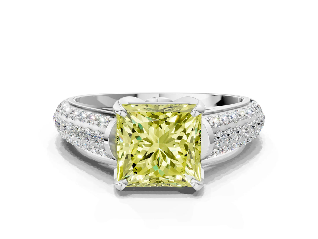 White gold Fancy Yellow Princess Cut Diamond Solitaire Ring with Three-Row Pavé Band and Four-Prong Setting_29