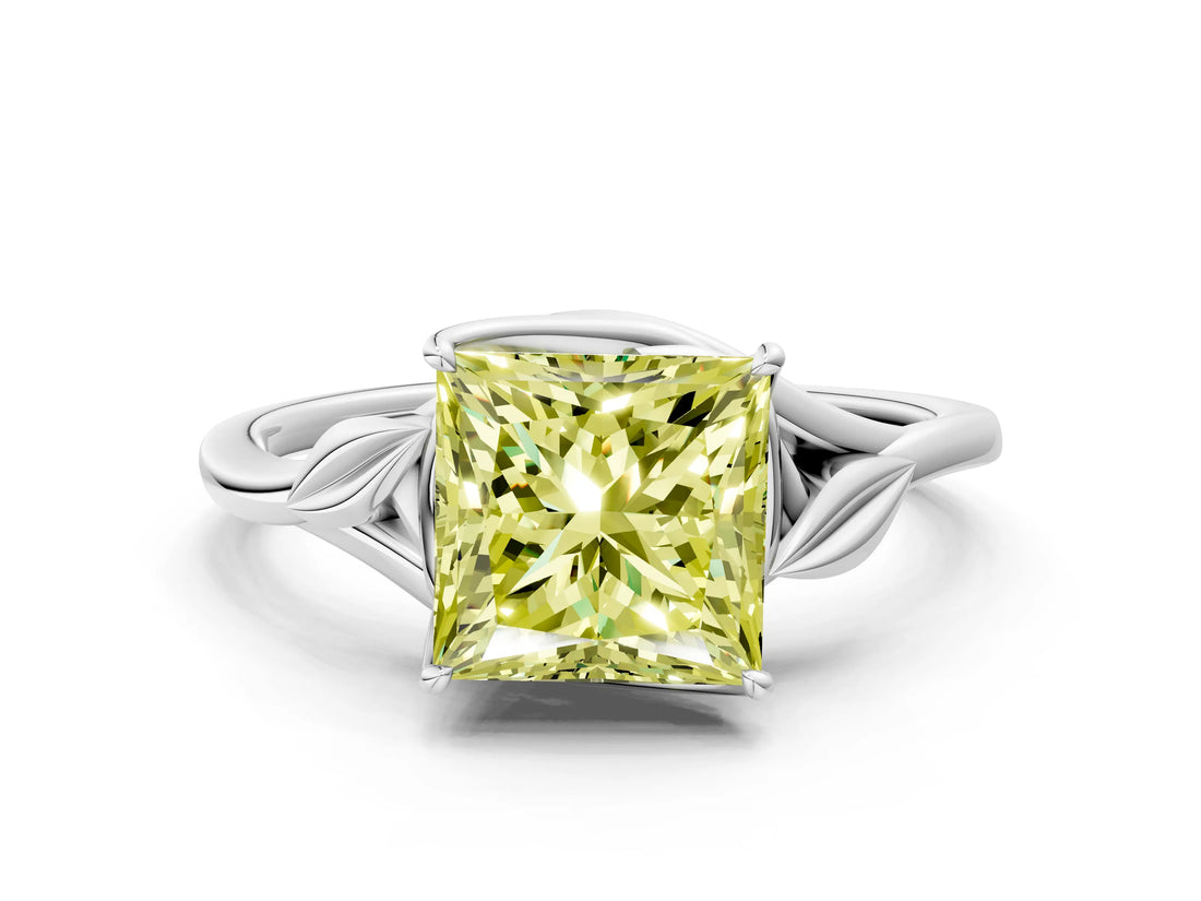 White gold Fancy Yellow Princess Cut Diamond Solitaire Ring with Twist Band and Four-Prong Setting_76