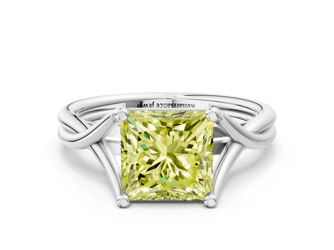 White gold Fancy Yellow Princess Cut Diamond Solitaire Twist Band Prong Setting Ring_103