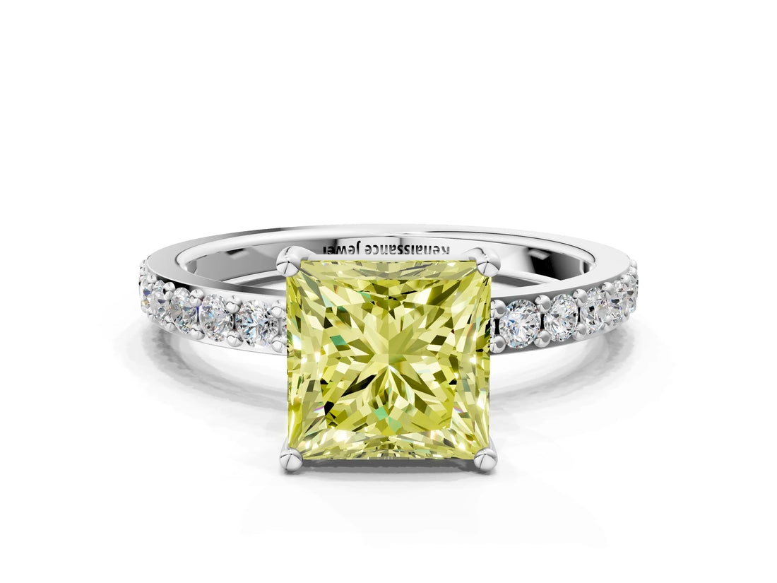 White gold Fancy Yellow Princess  Cut Diamond Solitaire with Pave Band and Four-Prong Setting 6