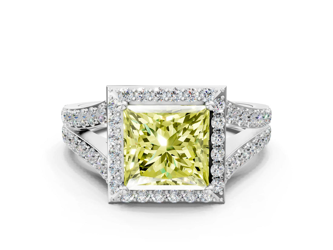 White gold Fancy Yellow Princess Cut Diamond Split Shank Halo Ring with Four-Prong Setting_29