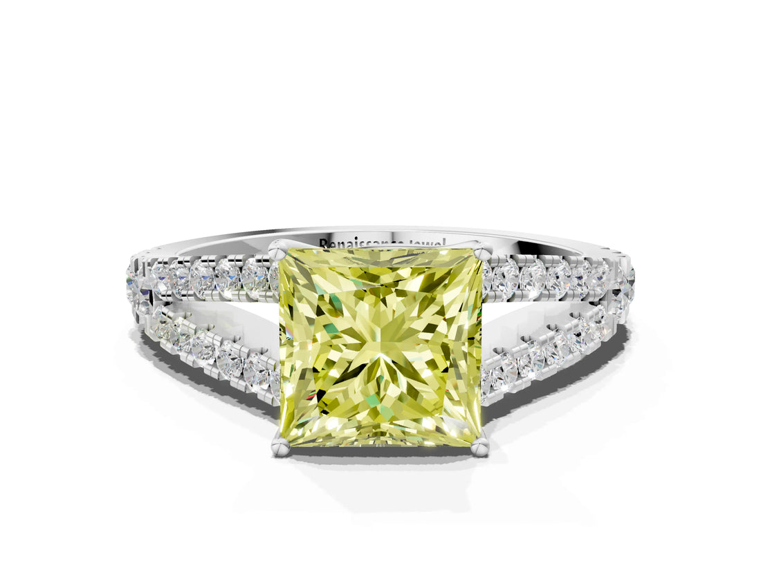White gold Fancy Yellow Princess Cut Diamond Split Shank Pavé Engagement Ring with Four-Prong Setting_30