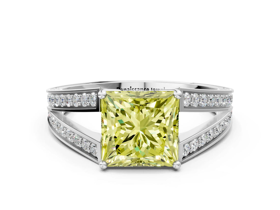 White gold Fancy Yellow Princess Cut Diamond Split Shank Ring with Pavé Band and Four-Prong Setting_17