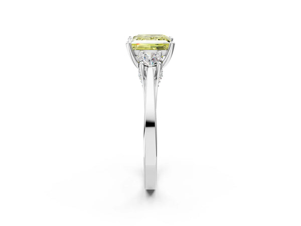 White gold Fancy Yellow Princess Cut Diamond Three-Stone Engagement Ring with Prong Setting and Pavé Band