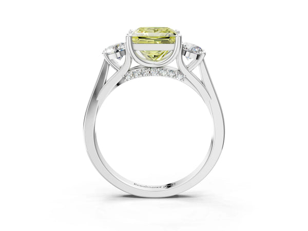 White gold Fancy Yellow Princess Cut Diamond Three-Stone Engagement Ring with Prong Setting and Pavé Band