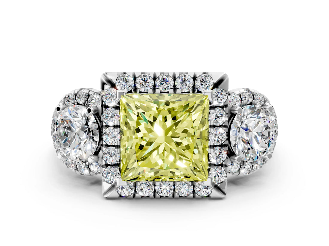 White gold Fancy Yellow Princess Cut Diamond Three-Stone Halo Ring with Prong Setting and Pavé Accents