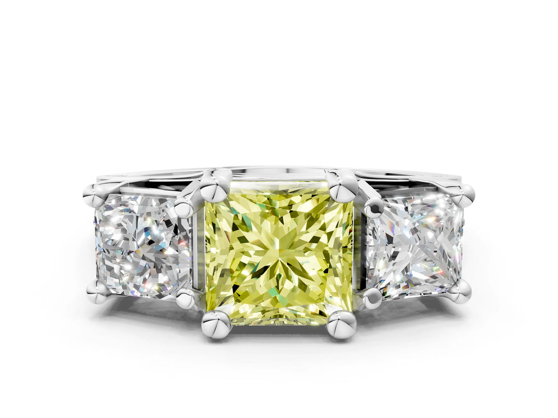 White gold Fancy Yellow Princess Cut Diamond Three-Stone Ring with Channel Set Band and Four-Prong Setting_45