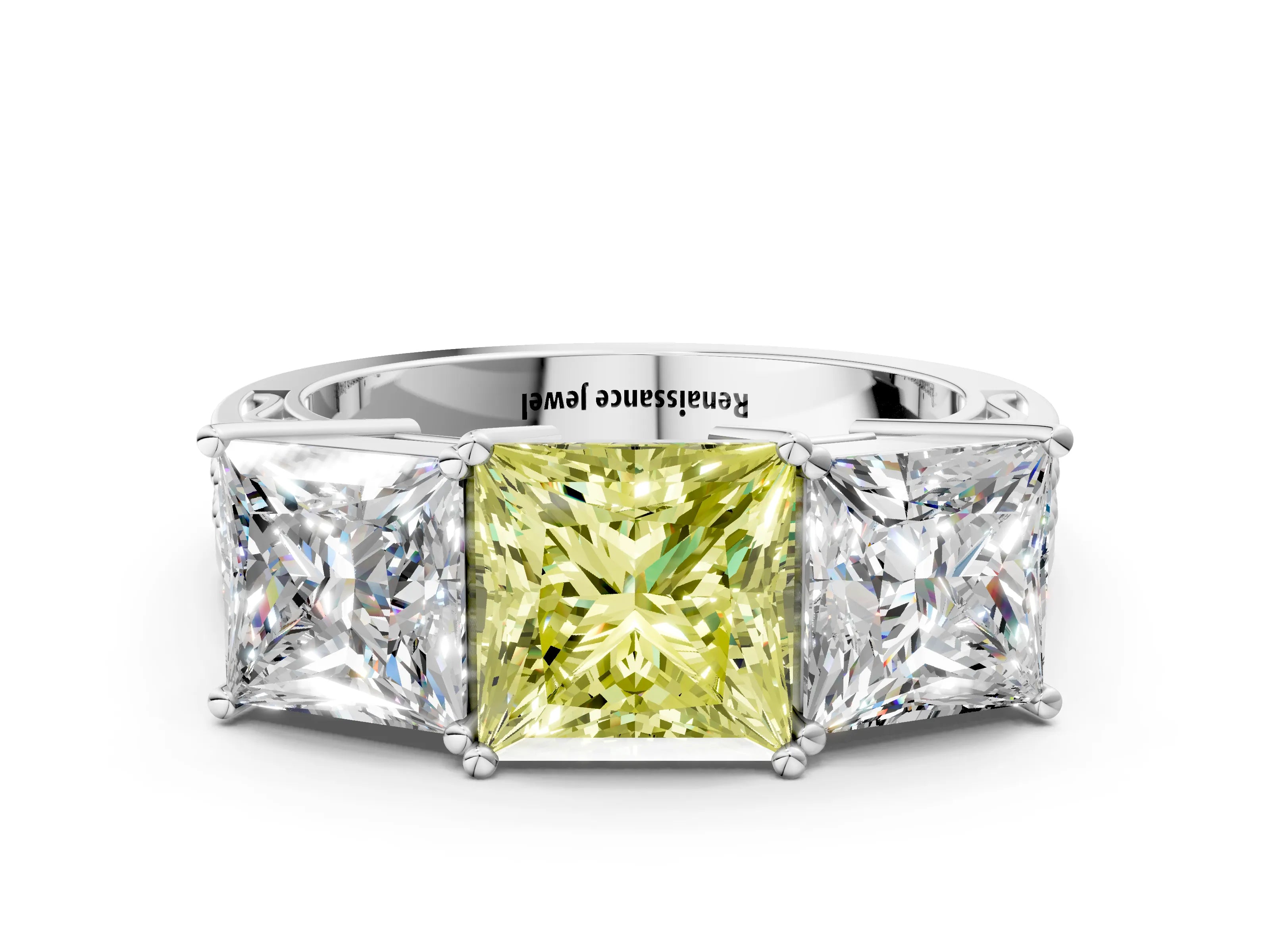 White gold Fancy Yellow Princess Cut Diamond Three-Stone Ring with Prong Setting and Textured Band_12