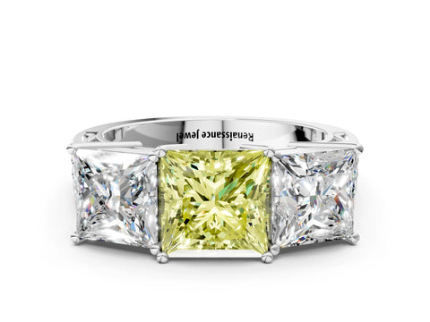 White gold Fancy Yellow Princess Cut Diamond Three-Stone Ring with Prong Setting and Textured Band_12