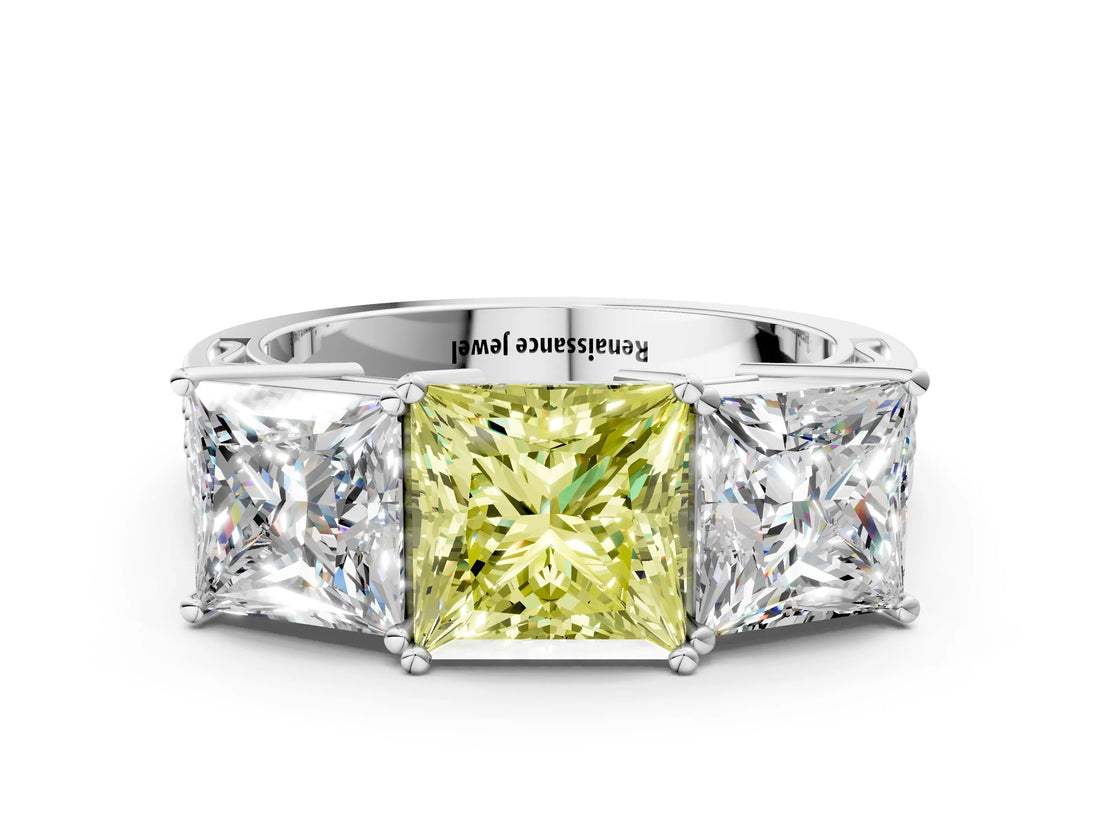 White gold Fancy Yellow Princess Cut Diamond Three-Stone Ring with Prong Setting and Textured Band_12