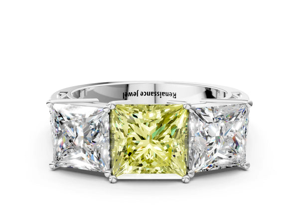 White gold Fancy Yellow Princess Cut Diamond Three-Stone Ring with Prong Setting and Textured Band