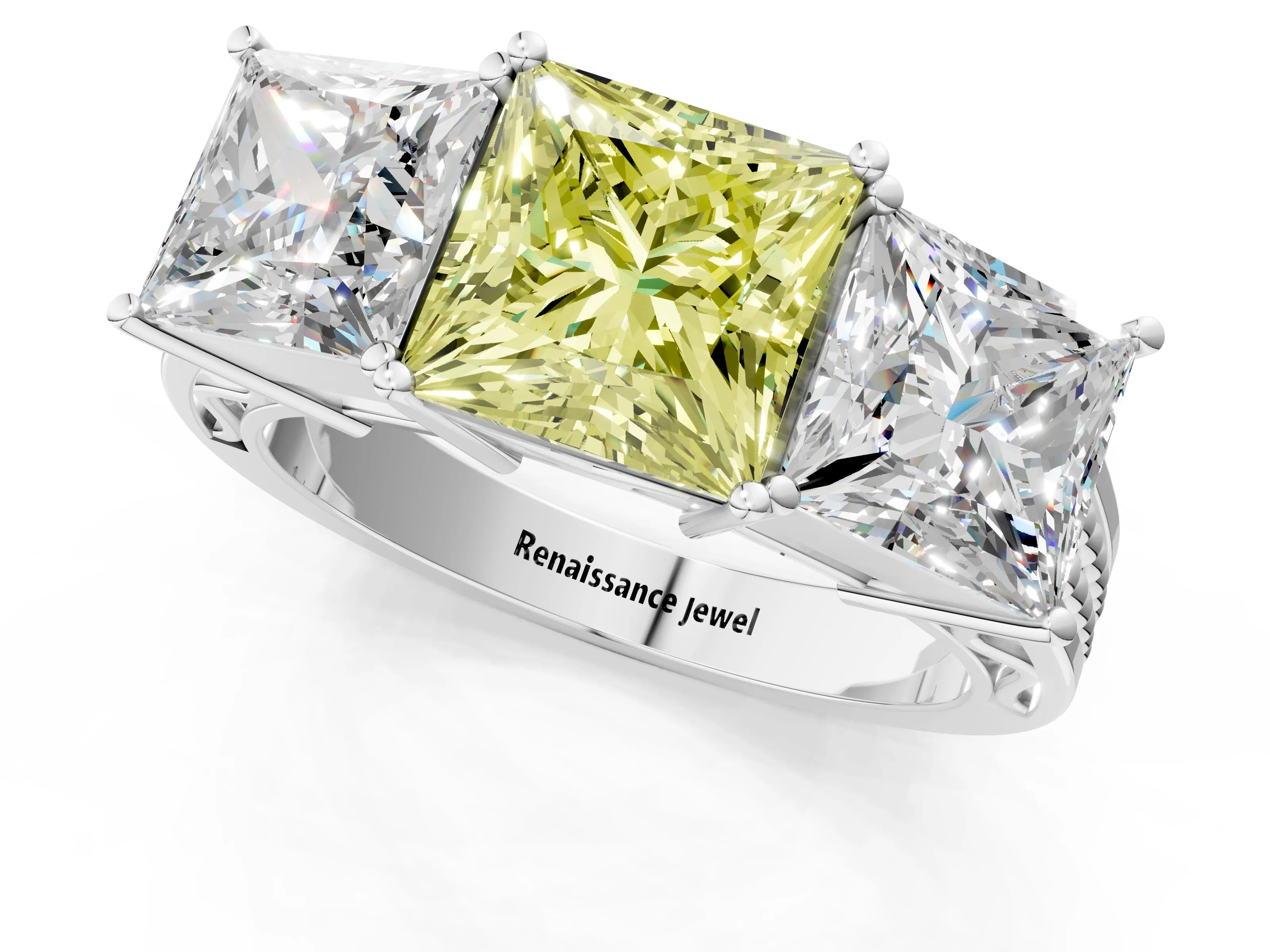 White gold Fancy Yellow Princess Cut Diamond Three-Stone Ring with Prong Setting and Textured Band_13