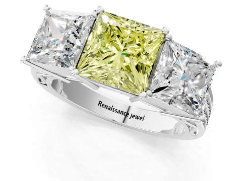 White gold Fancy Yellow Princess Cut Diamond Three-Stone Ring with Prong Setting and Textured Band_13