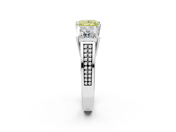 White gold Fancy Yellow Princess Cut Diamond Three-Stone Ring with Prong Setting and Textured Band