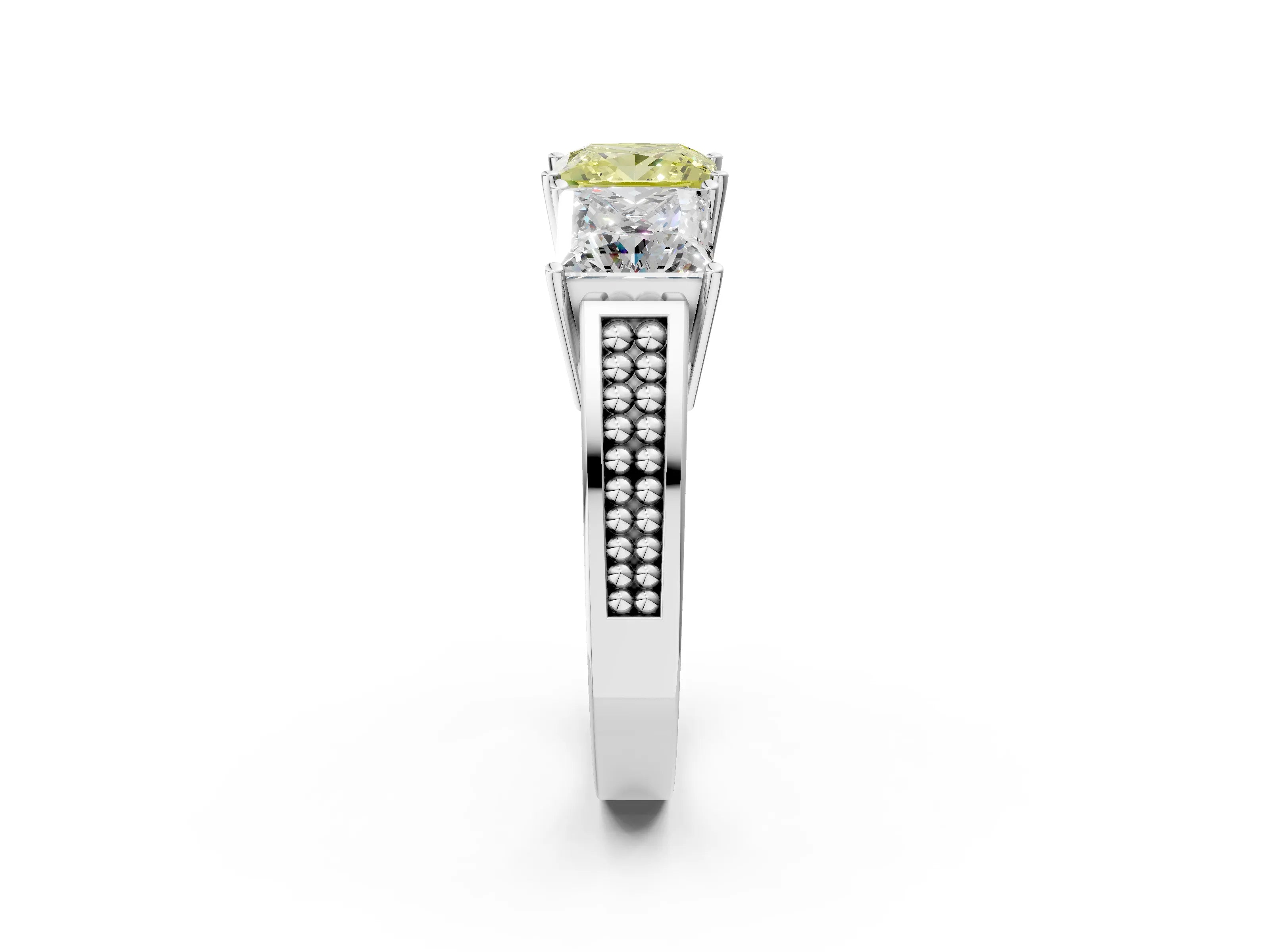 White gold Fancy Yellow Princess Cut Diamond Three-Stone Ring with Prong Setting and Textured Band_14