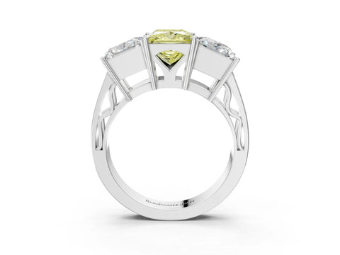 White gold Fancy Yellow Princess Cut Diamond Three-Stone Ring with Prong Setting and Textured Band_15