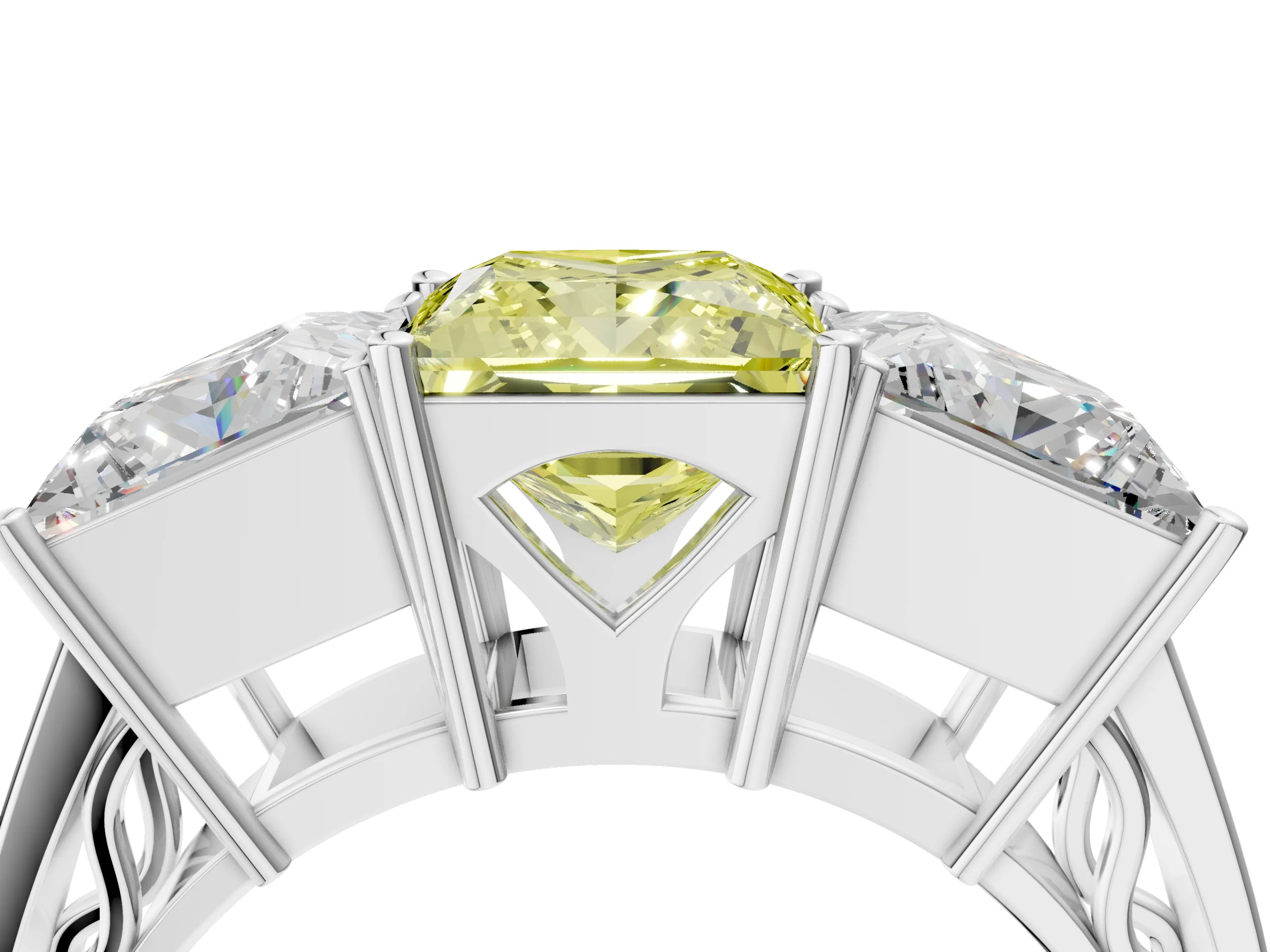 White gold Fancy Yellow Princess Cut Diamond Three-Stone Ring with Prong Setting and Textured Band_16