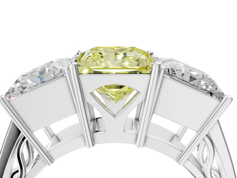 White gold Fancy Yellow Princess Cut Diamond Three-Stone Ring with Prong Setting and Textured Band_16