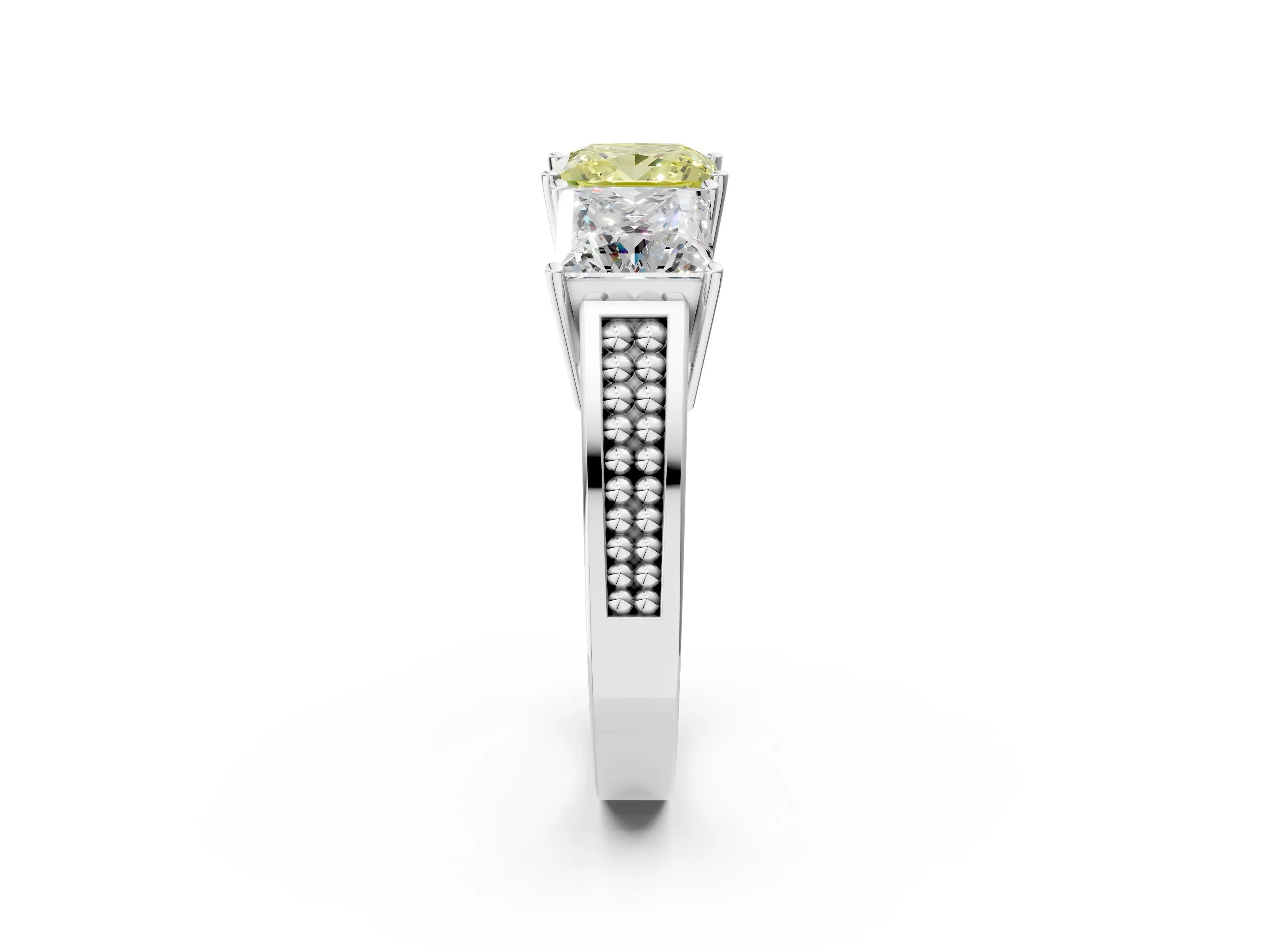 White gold Fancy Yellow Princess Cut Diamond Three-Stone Ring with Prong Setting and Textured Band_2