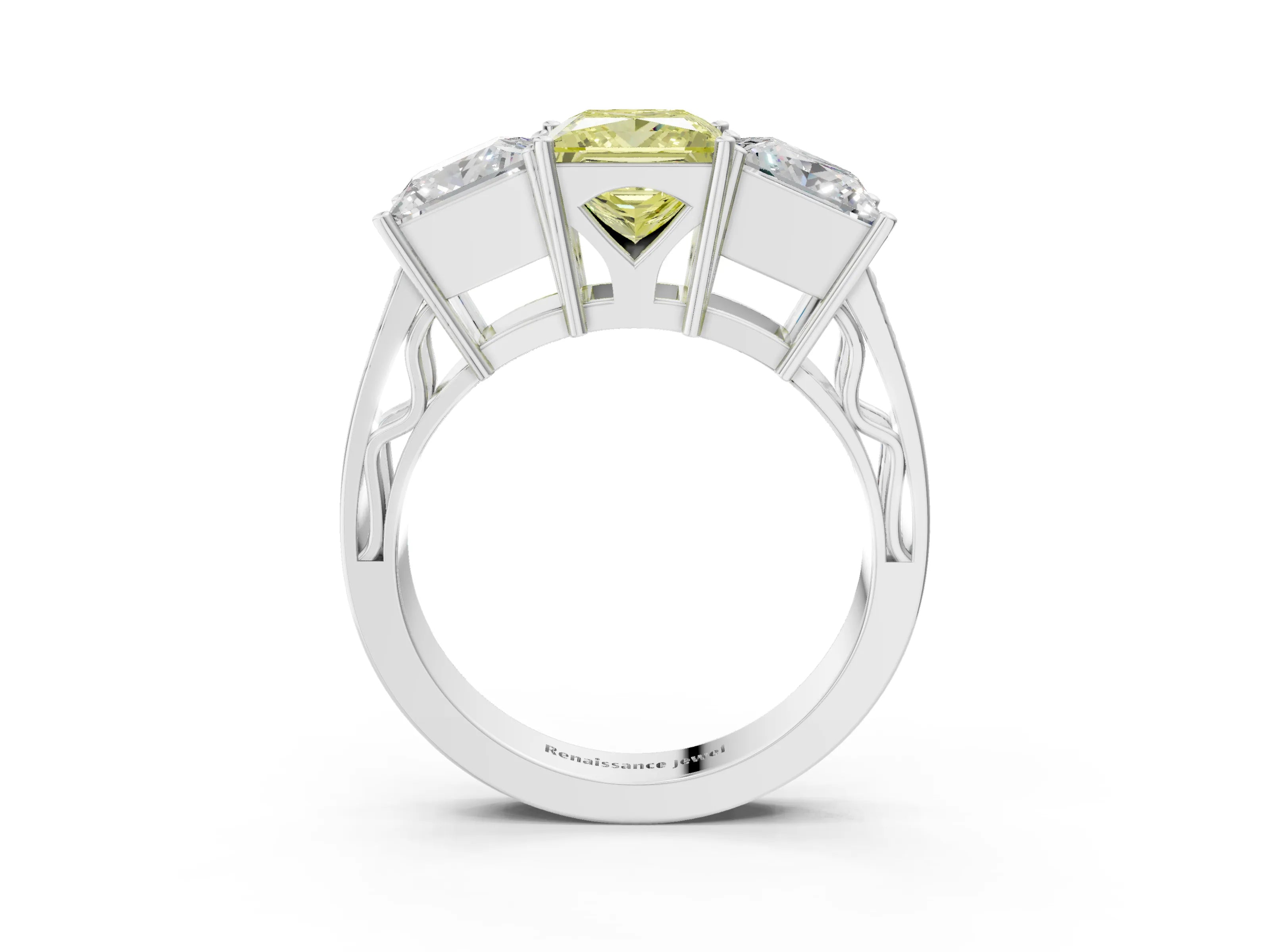 White gold Fancy Yellow Princess Cut Diamond Three-Stone Ring with Prong Setting and Textured Band_3