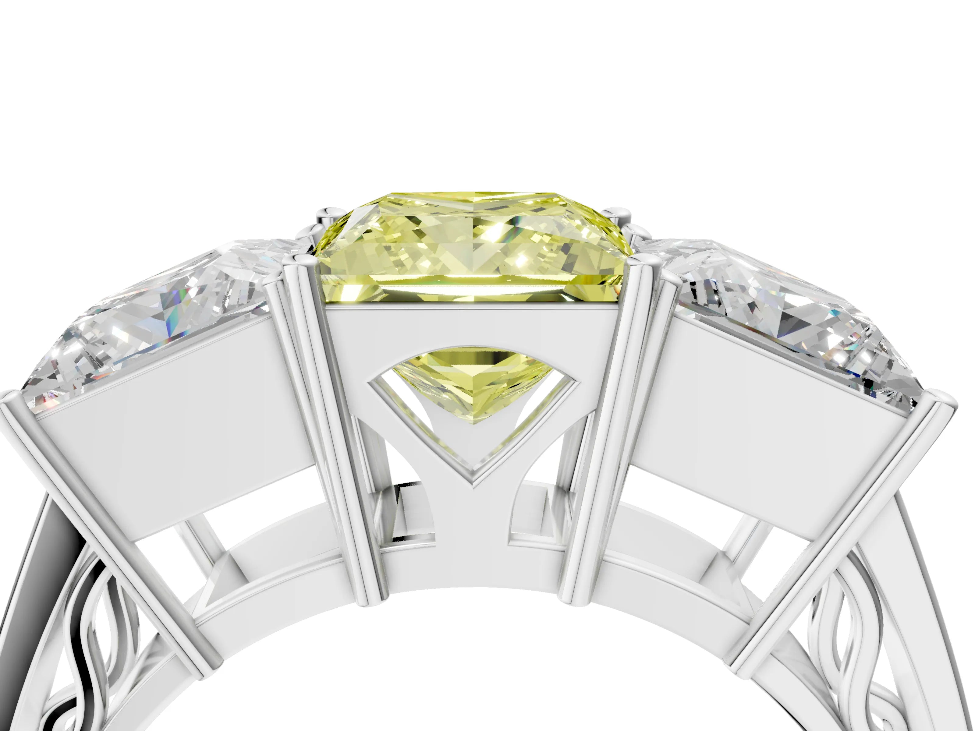 White gold Fancy Yellow Princess Cut Diamond Three-Stone Ring with Prong Setting and Textured Band_4