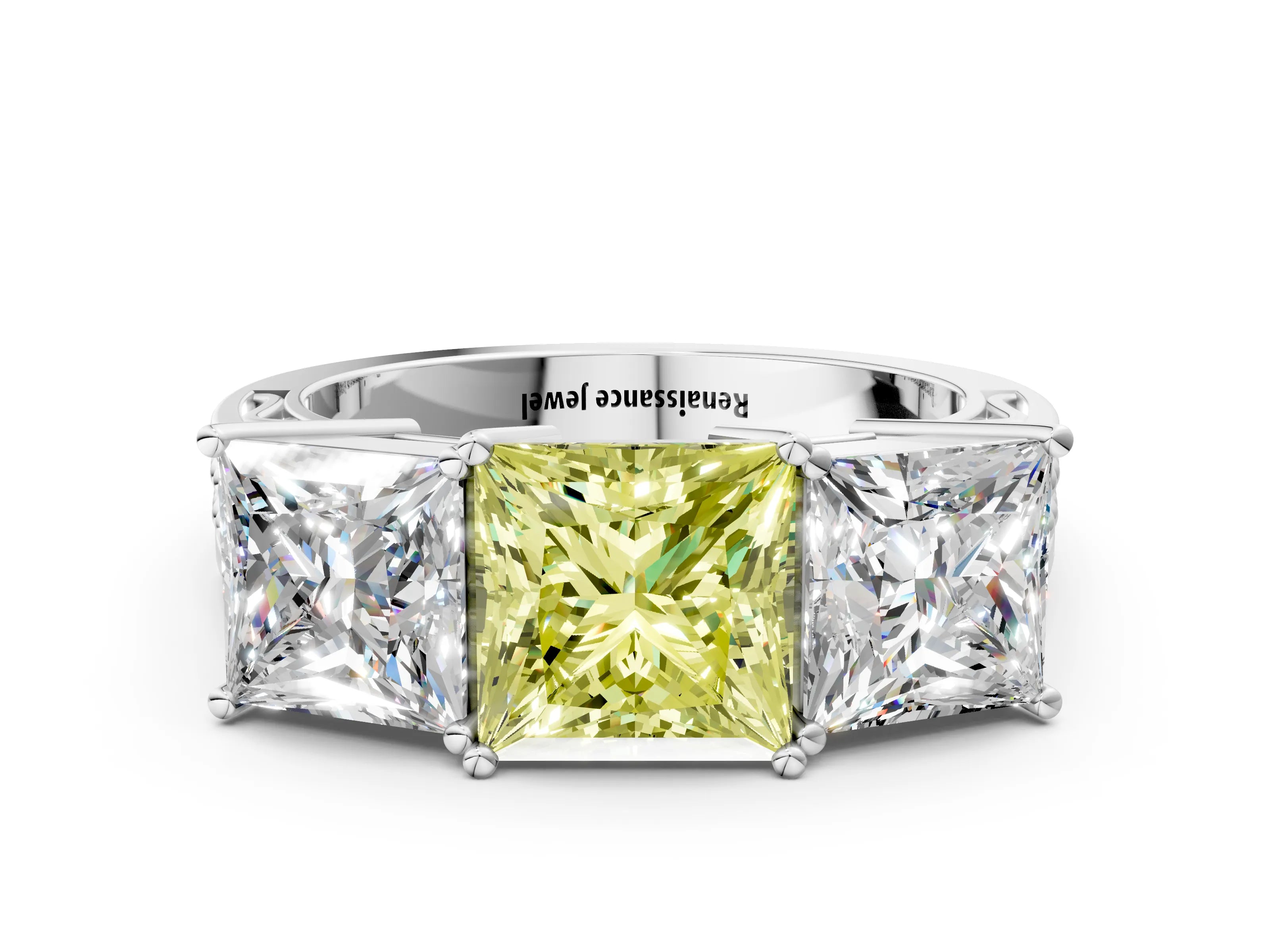 White gold Fancy Yellow Princess Cut Diamond Three-Stone Ring with Prong Setting and Textured Band