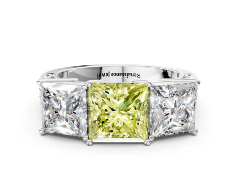 White gold Fancy Yellow Princess Cut Diamond Three-Stone Ring with Prong Setting and Textured Band