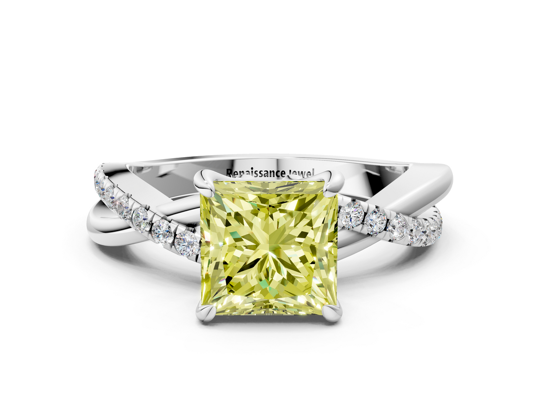White gold Fancy Yellow Princess  Cut Diamond Twist Band Solitaire with Prong Setting