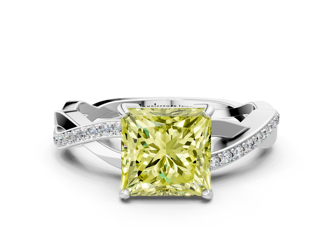 White gold Fancy Yellow Princess  Cut Diamond Twisted Band Engagement Ring with Prong Setting_3