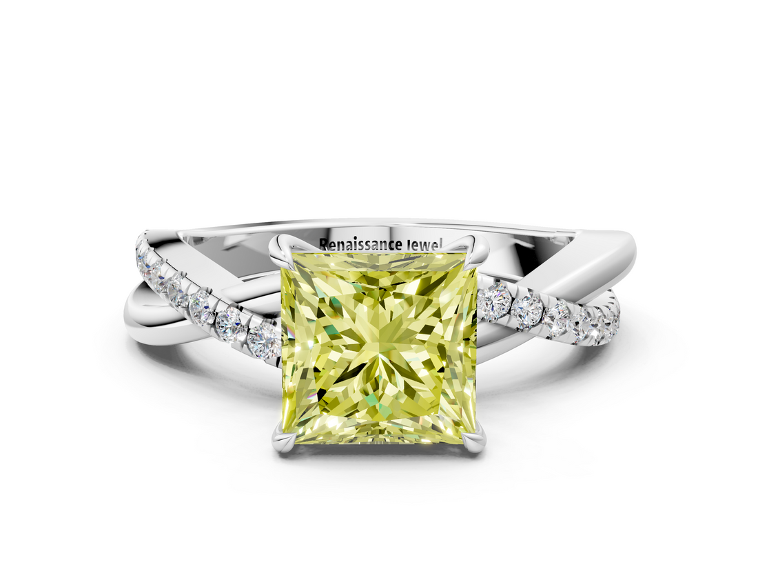White gold Fancy Yellow Princess  Cut Diamond Twisted Band with Pavé Setting and Four-Prong Setting_12