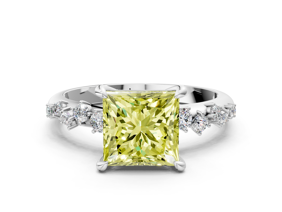 White gold Fancy Yellow Princess  Cut Diamond Vine Band with Four-Prong Setting