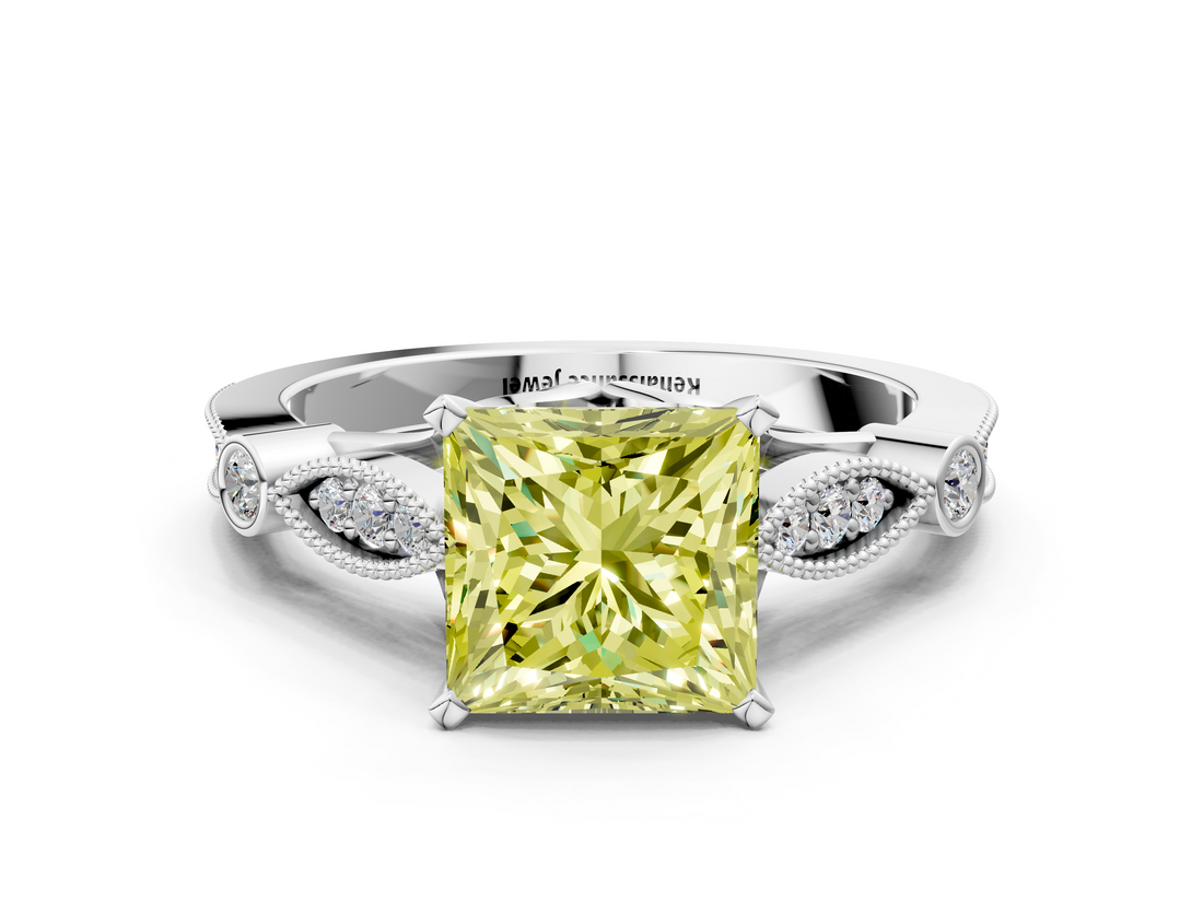 White gold Fancy Yellow Princess  Cut Diamond with Milgrain Marquise and Bezel Accents on a Solitaire Band with Prong Setting