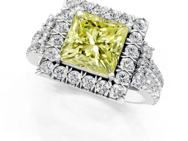 White gold Fancy Yellow Princess  Cut Double Halo Diamond Engagement Ring with Pave Band and Four-Prong Setting