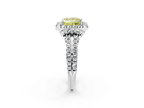 White gold Fancy Yellow Princess  Cut Double Halo Diamond Engagement Ring with Pave Band and Four-Prong Setting