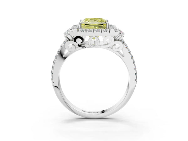 White gold Fancy Yellow Princess  Cut Double Halo Diamond Engagement Ring with Pave Band and Four-Prong Setting