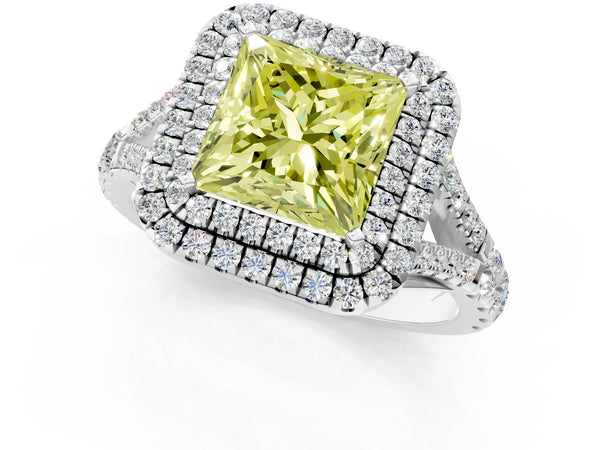 Platinum Fancy Yellow Princess  Cut Double Halo Split Shank Diamond Ring with Prong Setting
