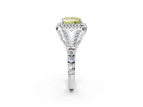 Platinum Fancy Yellow Princess  Cut Double Halo Split Shank Diamond Ring with Prong Setting