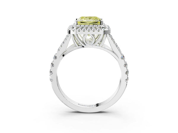 Platinum Fancy Yellow Princess  Cut Double Halo Split Shank Diamond Ring with Prong Setting