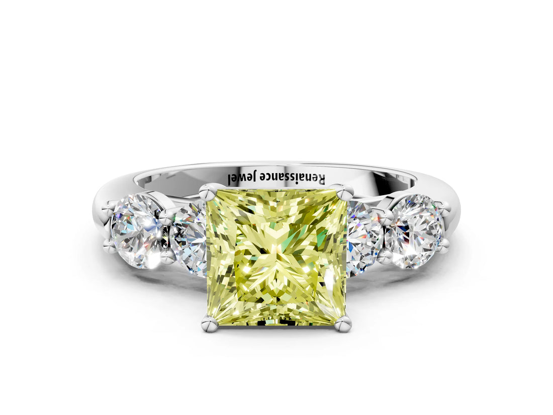 White gold Fancy Yellow Princess  Cut Five-Stone Prong Set Diamond Ring with Classic Band_29