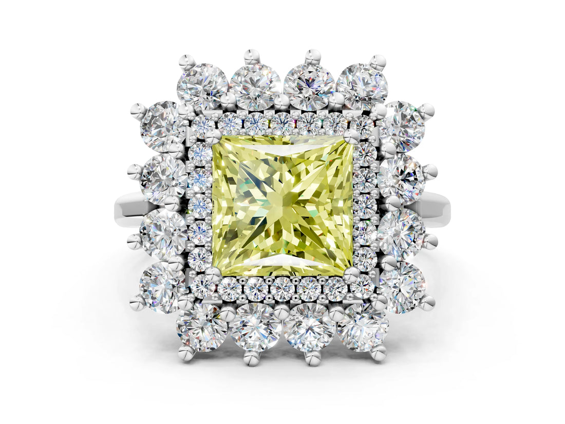 White gold Fancy Yellow Princess Cut Halo Cluster Diamond Ring with Pave Band and Four-Prong Setting_12