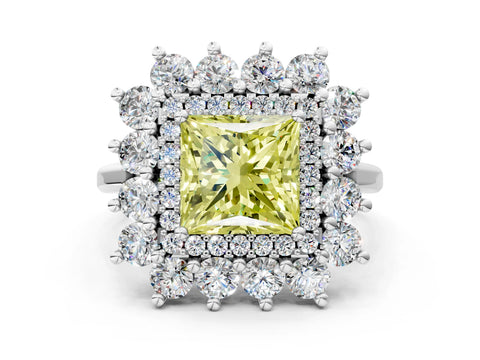 White gold Fancy Yellow Princess Cut Halo Cluster Diamond Ring with Pave Band and Four-Prong Setting_13