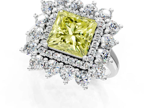 White gold Fancy Yellow Princess Cut Halo Cluster Diamond Ring with Pave Band and Four-Prong Setting_13
