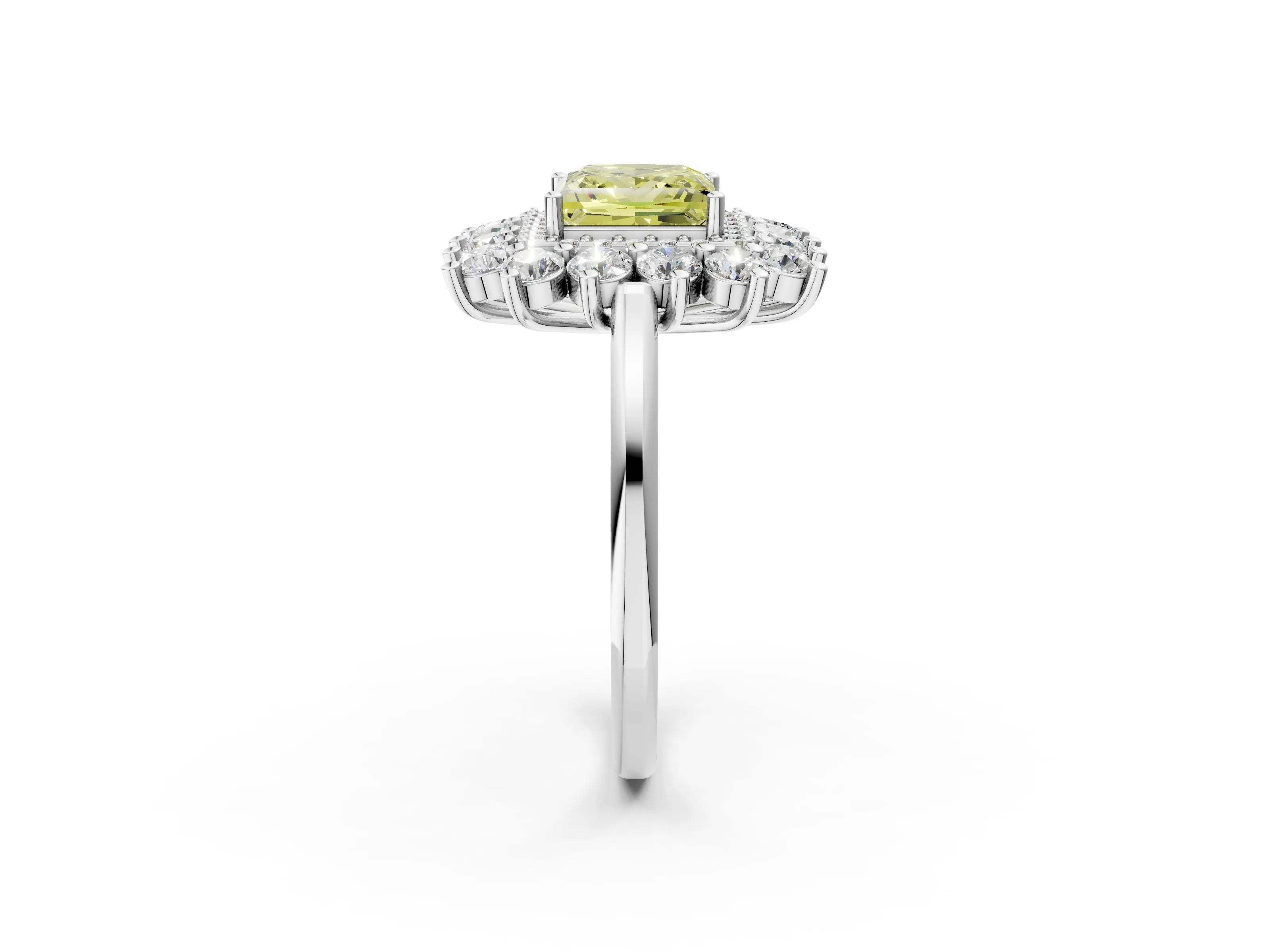 White gold Fancy Yellow Princess Cut Halo Cluster Diamond Ring with Pave Band and Four-Prong Setting_14